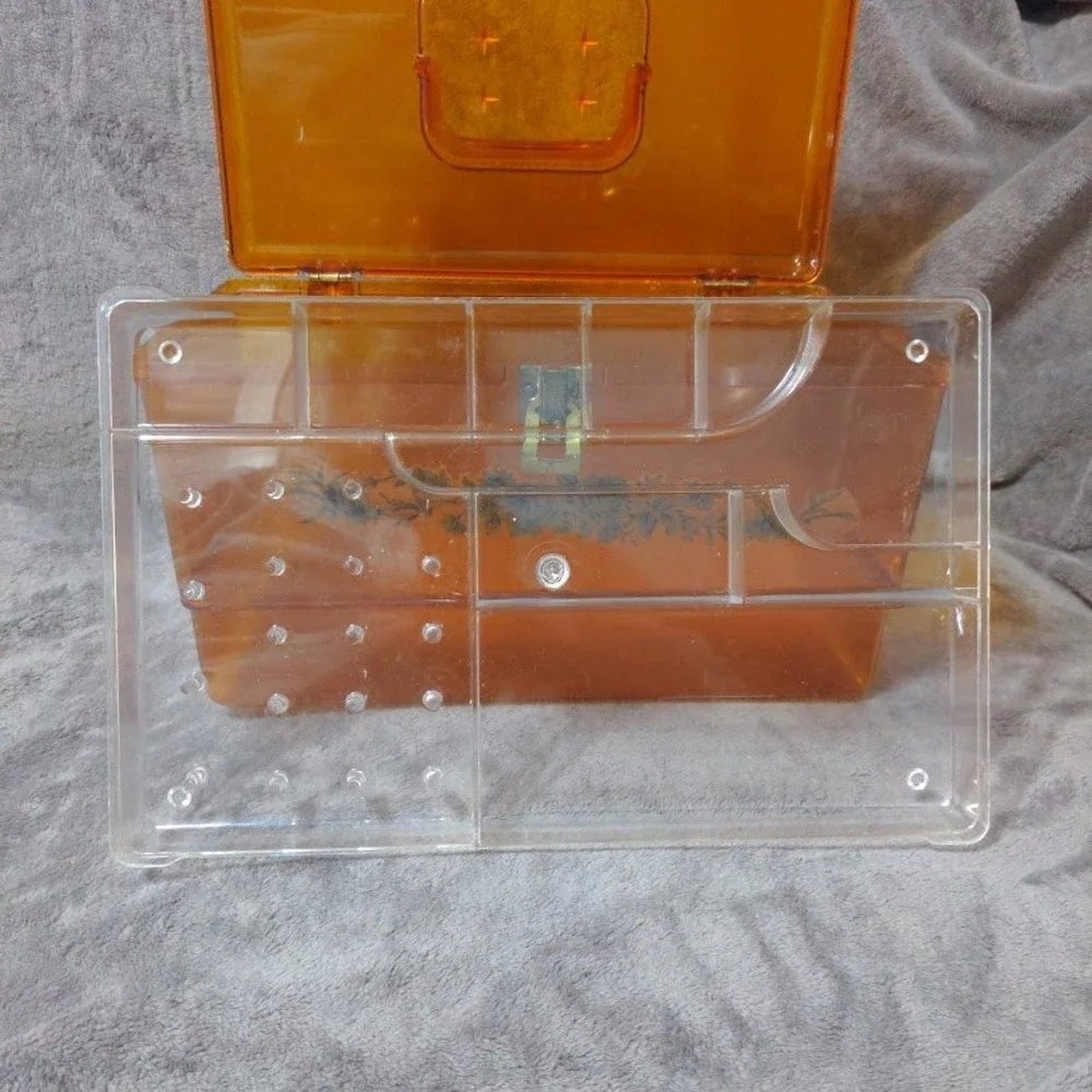 Vtg Wil-Hold Amber Orange Translucent Plastic Sewing Box MCM Case Gold Floral